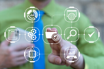 Business person using virtual touch screen presses icon of directory with eye symbolizing: development data technology. Data tech development concept.