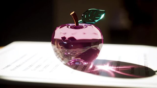 Small translucent purple glass apple perched on a tablet under warm backlit glow