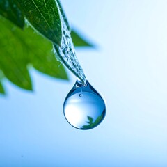 Droplet clinging to a green leaf tip, reflecting the blurred leaves against a soft, bright blue background