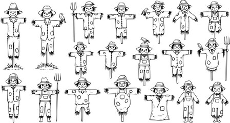 Fototapeta premium Black and white hand-drawn scarecrow collection for farm and autumn designs. Set of various cartoon scarecrows with happy faces, hats, birds, and pitchforks, vector illustration.