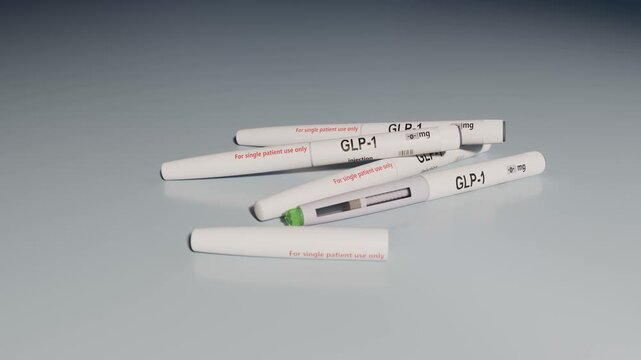 3d rendered animation of four glucagon like peptide 1 or GLP-1 injection pens.