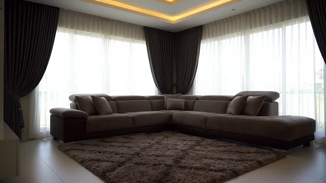 Spacious contemporary living room featuring an L-shaped sectional sofa, large windows, and dramatic ceiling lighting