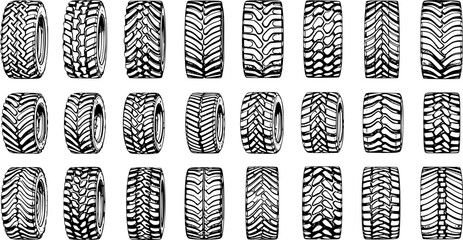 Diverse collection of black and white tire tread patterns for various vehicles, including car, truck, off-road, and heavy-duty designs, vector illustration set. © pixsource