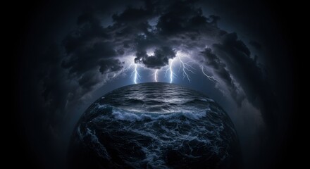 Powerful lightning strikes illuminate a dark, stormy ocean under heavy, ominous clouds, creating a dramatic and intense natural spectacle.