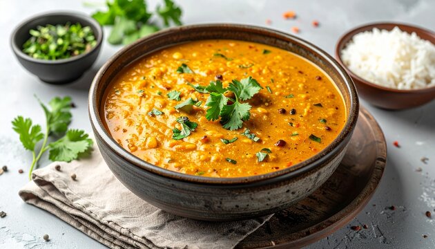 Vegetarian Sri Lankan dhal curry in ceramic bowl, creamy texture, soft diffused lighting, minimalist background, no people, no text