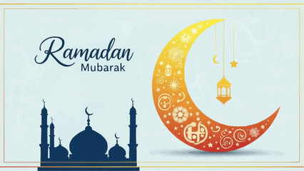 A beautiful Ramadan Mubarak greeting card featuring a gradient crescent moon with intricate patterns, a mosque silhouette, and hanging lanterns against a light blue background.