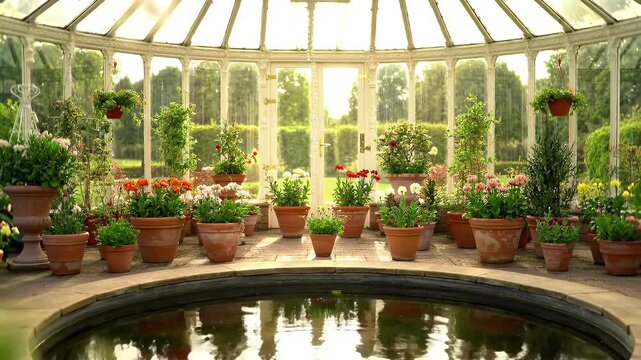 Splendid sunlit glasshouse conservatory filled with potted plants surrounding a circular pool