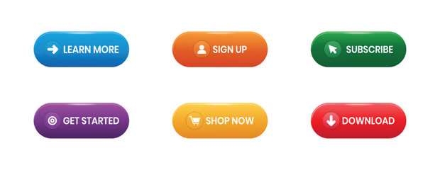 Fototapeta premium A set of Call to Action Buttons (Learn More, Sign Up, Subscribe, Get Started, Shop Now, Download). Editable File