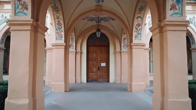Sunlit peach-colored arched cloister courtyard with ornate arches and wooden door