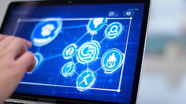 A hand interacts with a laptop screen displaying a network diagram with glowing blue icons