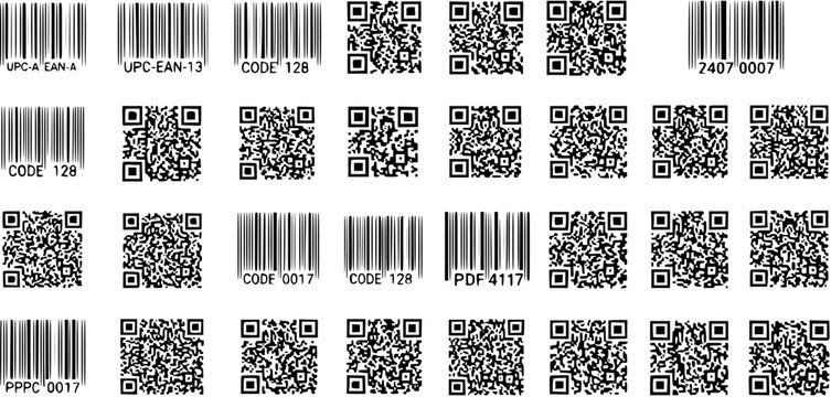 Collection of various black and white barcodes and QR codes for scanning, identification, and data representation, including UPC, EAN, Code 128, and PDF 417 types, ideal for business