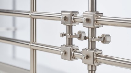 Close Up Shot of Metal Handrail Fittings with Detailed Metallic Finish Against White Background