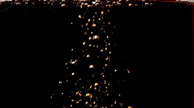 Golden Bubbles Rising in Dark Liquid - Effervescent Carbonated Drink Fizzing in Slow Motion