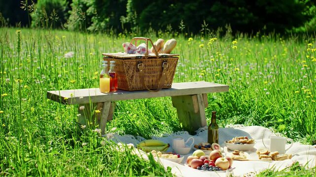 Sunny countryside picnic setup with wicker basket on a wooden table and blanket on lush green grass