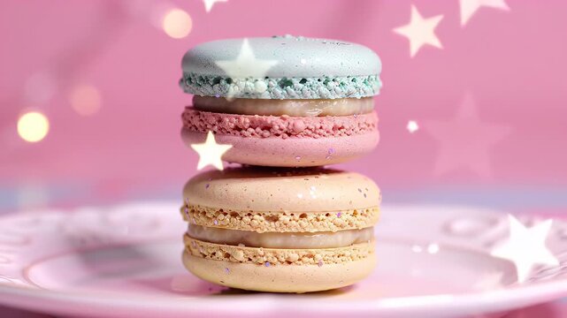 Three pastel macarons stacked on a pink plate under starry bokeh lights in a dreamy kitchen scene