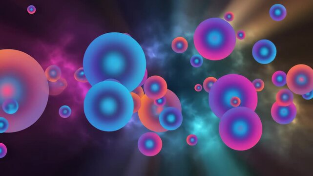 Dynamic digital animation featuring vibrant colorful bubbles drifting through a luminous cosmic space scene, ideal for tech, science, and abstract visual projects.