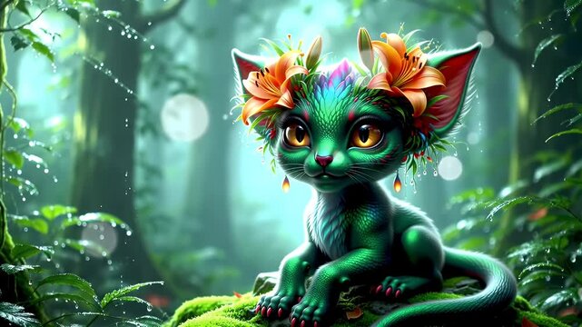 Tiny emerald feline with orange ear tufts perched in a sunlit enchanted forest