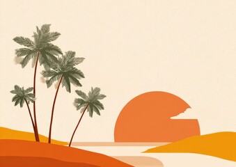 Calm tropical scene, palm trees by water with sunset