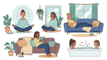 Fototapeta premium Relaxing Home Scene with People Engaged in Meditation Reading and Bathing