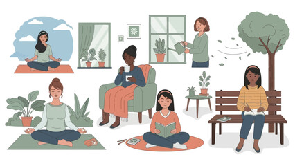 Fototapeta premium Relaxing and Mindful Activity Scenes Featuring People Engaging in Self-Care