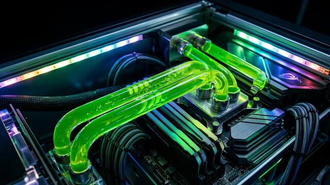 Liquid cooling system with neon green tubes inside computer hardware and motherboard showcasing advanced cloud infrastructure technology management