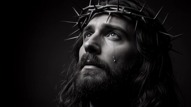 Jesus Christ wearing a crown of thorns looking up to heaven. Close-up portrait with a single tear on his cheek. Black and white cinematic footage of religious suffering and faith