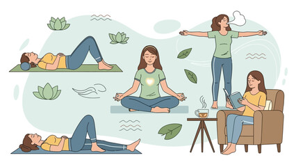 Relaxation methods for mental well-being including meditation and reading
