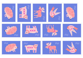 Vector hand drawn cute forest in winter clothing animal characters with traditional Scandinavian folk motifs pattern flat design for holiday postage stamps collection: hedgehog, bear, moose, bird.