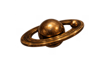 Bronze saturn planet model with orbital rings and moon, representing astronomy, space, and the solar system on transparent background