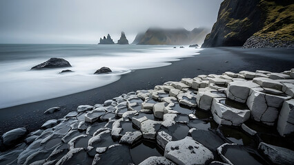 iceland black sand beach reynisfjara showcasing dramatic basalt columns and smooth long exposure ocean waves under a misty sky ideal for travel.