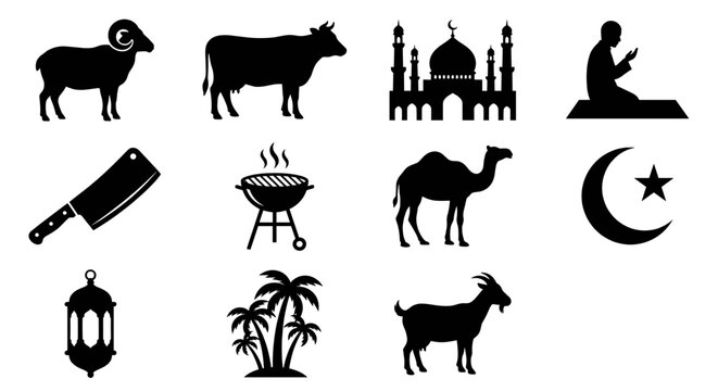Black silhouette vector of sacrificial animals like sheep cow and camel for Muslim holiday Eid al Adha sacrifice activities and Islamic Qurban charity rituals.