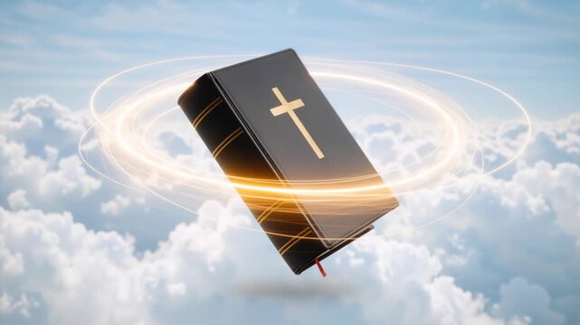 Holy Bible floating in heaven above clouds. Glowing light rings orbiting a black book with a gold cross. Christianity and divine scripture concept. 3D animation with copy space