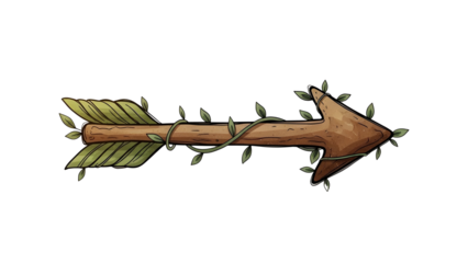 Hand-drawn rustic wooden arrow decorated with green leaves and vines pointing direction concept isolated PNG with Transparent Background