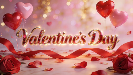 The text Valentine's Day written in stylish, glowing 3D cursive gold and ruby typography in the center. Valentine's Day, Happy Valentine's Day, Valentine's Day Gifts, Valentine Day