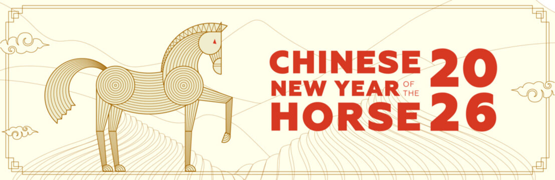 Oriental 2026 horse zodiac logo and fire element design for festive layouts. Traditional style red and gold icon set featuring lucky lunar new year symbols and cultural illustrations.