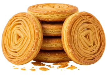 golden spiral puff pastry cookies stack, round buttery treats