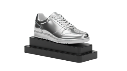 Shiny Silver Sneaker on Black Display Stand