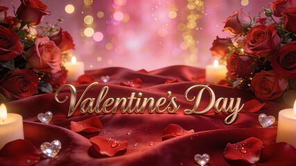 A stunning and luxurious Valentine's Day background featuring the text Valentine's Day written in elegant, three-dimensional gold cursive typography centered in the frame. 
