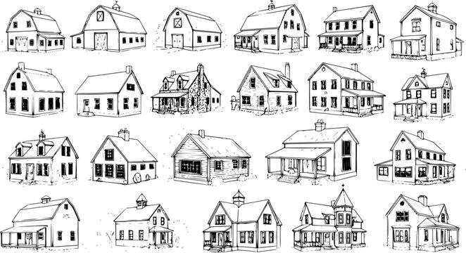 Collection of hand-drawn architectural sketches of various houses, farmhouses, and barns in black and white, suitable for vintage design and illustration projects.