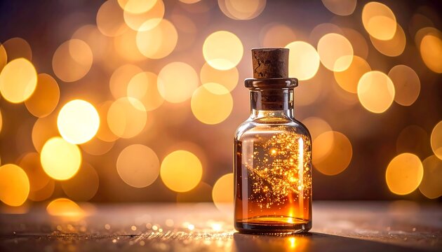 A small glass bottle with a cork stopper, filled with glittering golden particles, sits on a wooden surface against a bokeh background