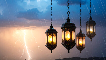 ramadan lanterns illuminate a dramatic evening thunderstorm with vivid lightning and heavy rain conveying spiritual cultural celebration.