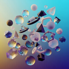 Abstract Composition of Colorful Geometric Shapes and Objects Floating in Space