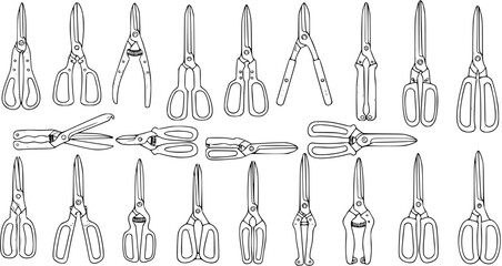 Assorted Scissors and Shears Line Art: Diverse Hand Tools for Cutting and Trimming