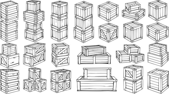 Hand-drawn collection of diverse wooden crates and storage boxes: stacked, individual, and open designs for cargo, delivery, or vintage concepts.
