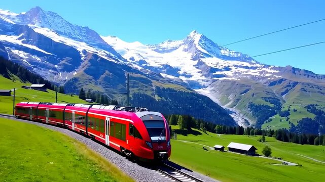 A red train travels through a mountainous landscape with snow-capped peaks under a clear blue sky