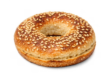 Bagel baked golden brown with sesame seeds on top, fresh breakfast item, transparent background