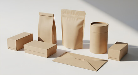 Eco Friendly Kraft Paper Packaging Mockup Set with Boxes, Pouches and Canister on Minimal Background