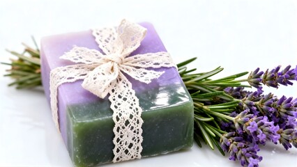 Natural Rosemary green purple herbal soap with lace ribbon and fresh Rosemary leaves and flowers 