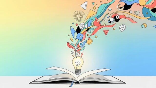 Open book with creative ideas flowing from a light bulb