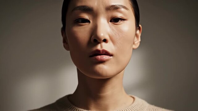 Confident proud expression 4K video. A calm portrait shows a person with chin raised and eyes steady, projecting pride and self-assurance without exaggeration.